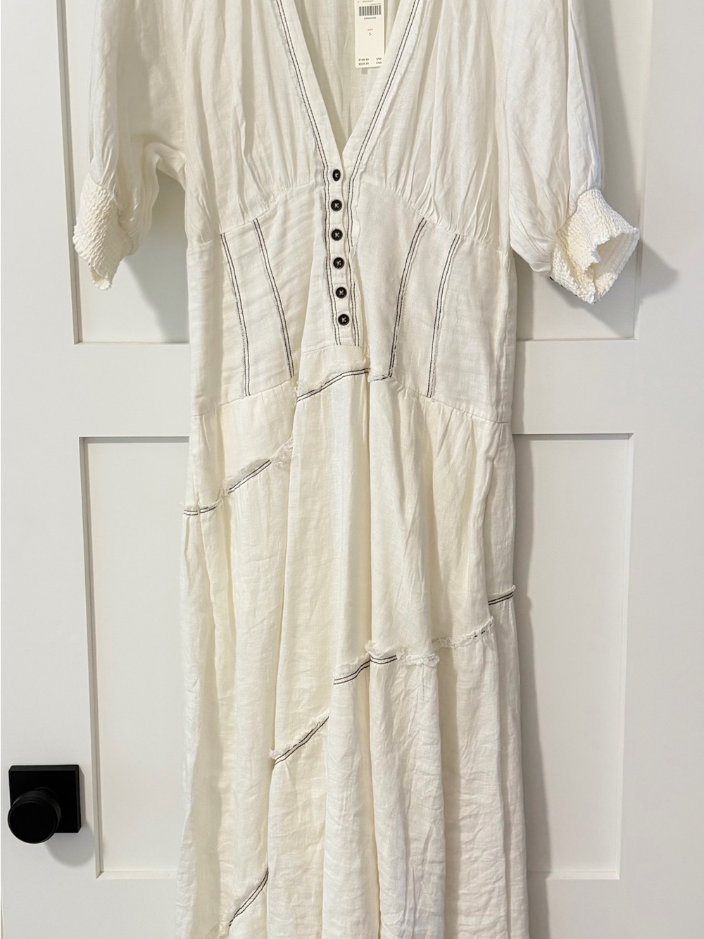 Anthropologie Cream V-Neck Tiered Button Maxi Dress - Picture 2 of 5